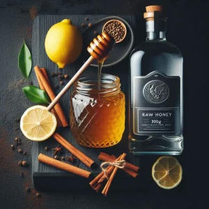 Ingredientes para licor de miel casero: miel, vodka, canela y limón
