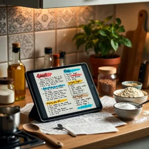 persona usando un cuaderno de recetas digital en una tablet para organizar recetas favoritas
