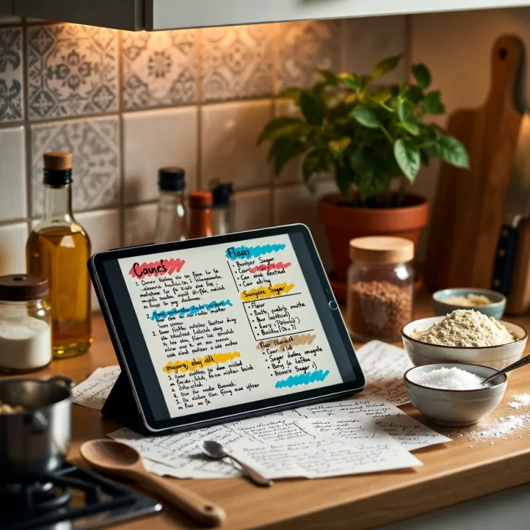 persona usando un cuaderno de recetas digital en una tablet para organizar recetas favoritas