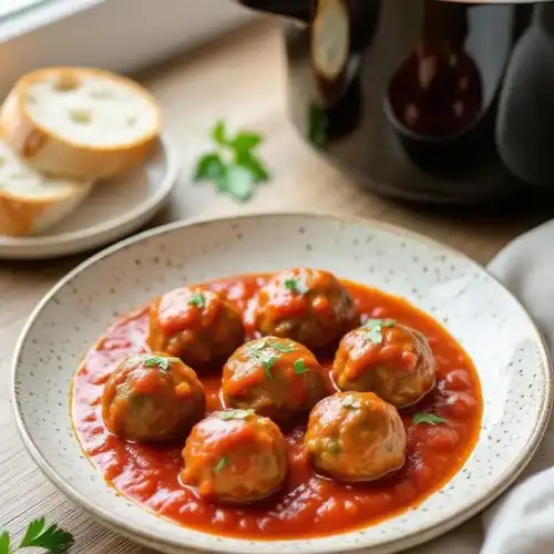 Plato de albóndigas en olla lenta servidas sobre arroz blanco, con salsa de tomate casera y perejil fresco.
