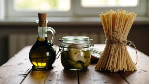 Bodegón rústico con productos gourmet de St. Toré: aceite de oliva, alcachofas y pasta artesana sobre mesa de madera.