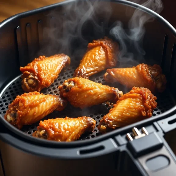 Alitas de pollo frito recalentadas en freidora de aire con piel dorada crujiente y vapor visible