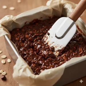 Compactando la mezcla de avena y chocolate en un molde.