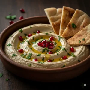 Primer plano de un bol de Baba Ganoush cremoso y sedoso, adornado con un chorro de aceite de oliva, perejil fresco y granos de granada.