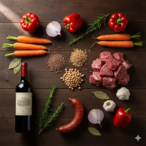 Composición de ingredientes frescos para guisos de invierno, incluyendo lentejas, ternera, chorizo, verduras y vino tinto sobre una mesa de madera rústica.