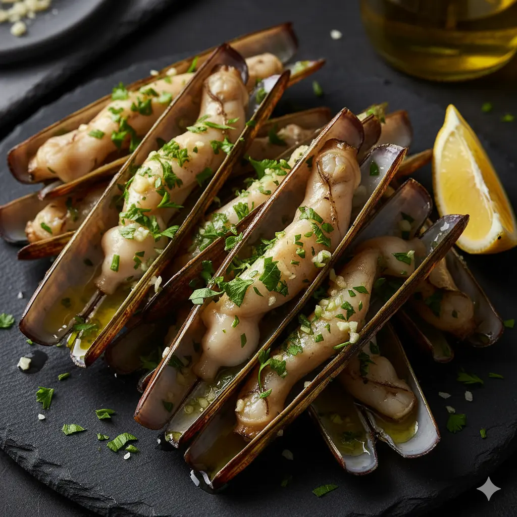 Primer plano de navajas a la plancha hechas en freidora de aire, servidas en un plato de pizarra con perejil, ajo y un gajo de limón.