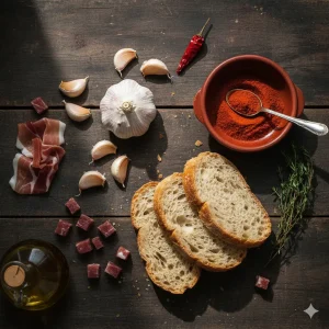 Composición con los ingredientes para hacer sopa de ajo: una barra de pan duro, ajos, taquitos de jamón, pimentón y aceite de oliva sobre una mesa de madera.