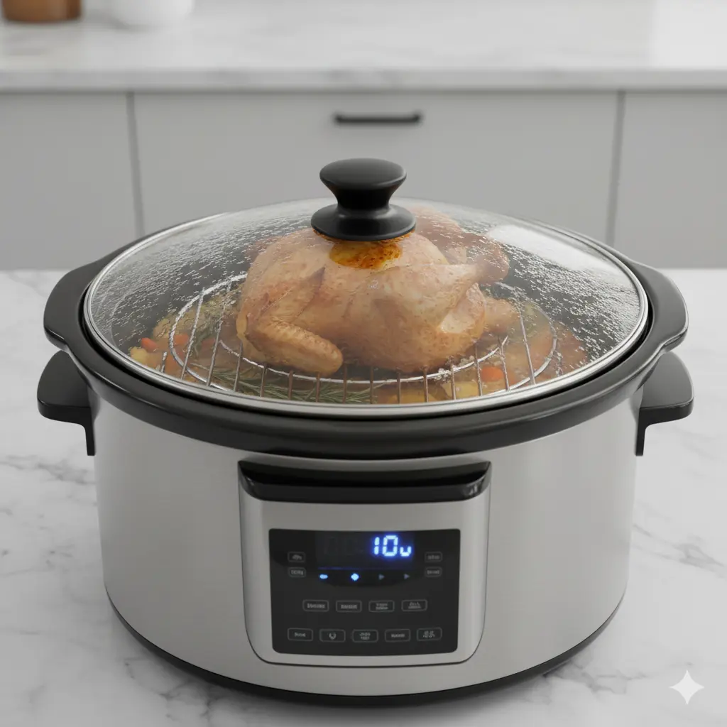Olla de cocción lenta en funcionamiento con un pollo cocinándose sobre la rejilla interior, mostrando el uso del accesorio.