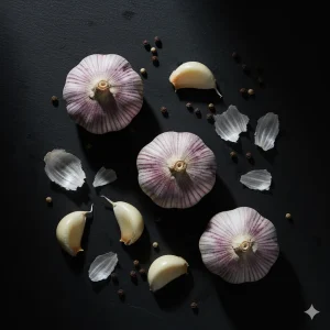 Ingredientes para el ajo en polvo: varias cabezas de ajo fresco y dientes de ajo pelados sobre una superficie de pizarra oscura.