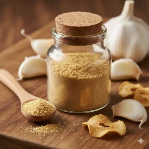 Ajo en polvo casero en un tarro de cristal, mostrando su textura fina y dorada, junto a unos dientes de ajo frescos y láminas deshidratadas.