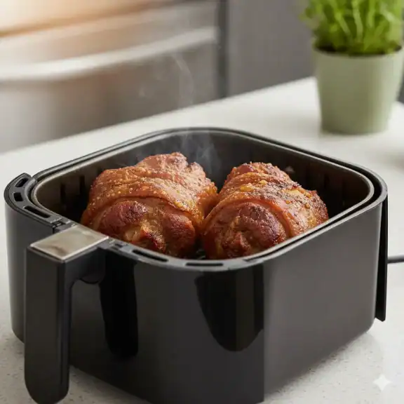 Codillos de cerdo precocidos en la cesta de la freidora de aire (Air Fryer) dorándose a alta temperatura.