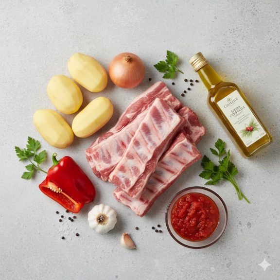 Ingredientes frescos y organizados para guiso de patatas con costillas en olla lenta. Costillas de cerdo, patatas, verduras y especias.