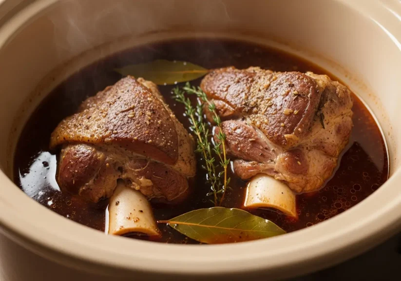 El interior de la olla lenta (Crockpot) con los dos codillos de cerdo y el caldo, con hierbas aromáticas como el laurel.