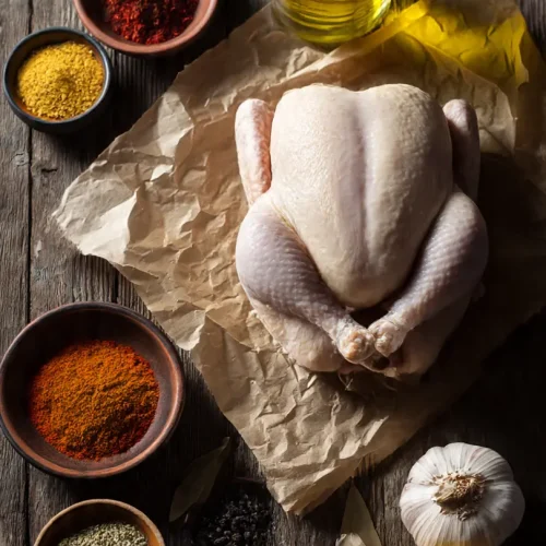 ingredientes para el pollo asado en freidora de aire: pollo crudo, especias, limón, ajos y aceite de oliva.