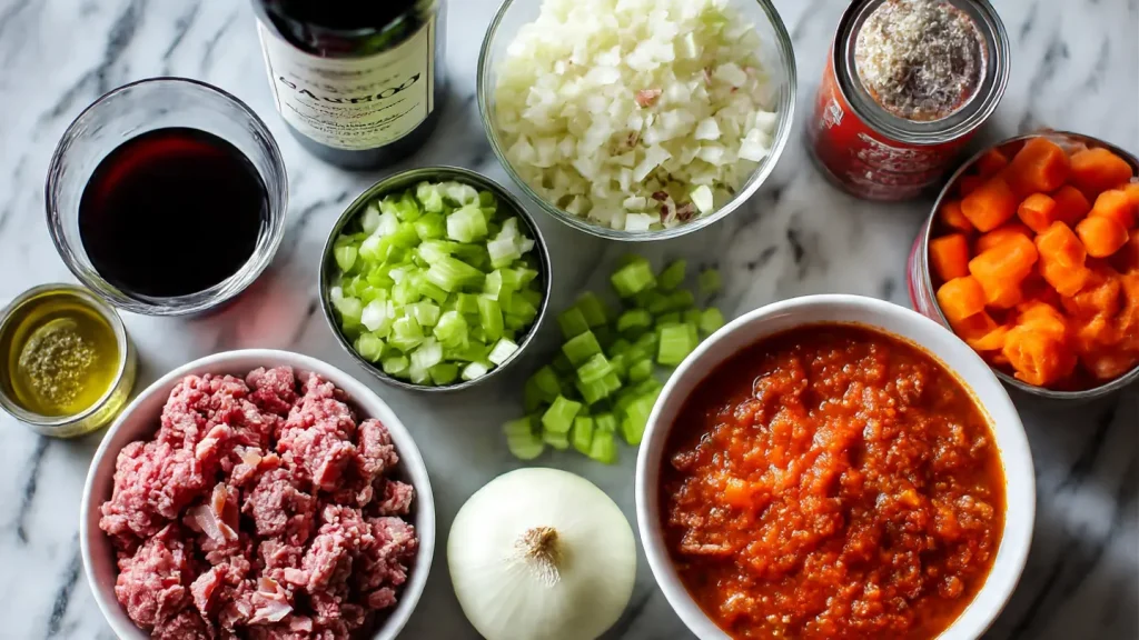 Ingredientes para la receta de salsa boloñesa auténtica, incluyendo las carnes, el sofrito y el vino.