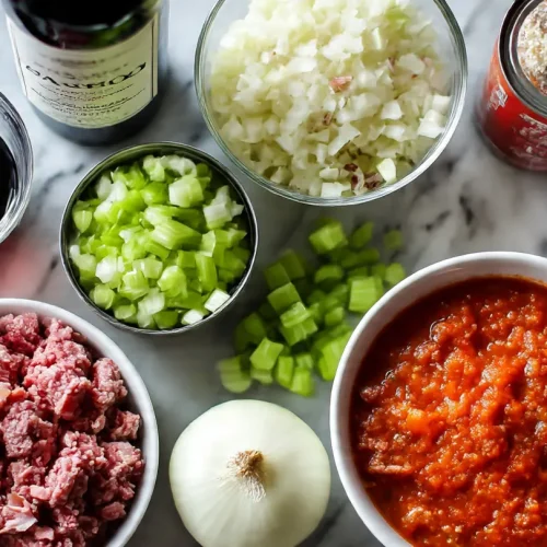 Ingredientes para la receta de salsa boloñesa auténtica, incluyendo las carnes, el sofrito y el vino.
