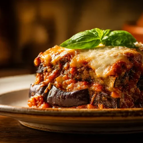 Porción de berenjenas a la parmesana en olla lenta, mostrando las capas de queso y tomate.