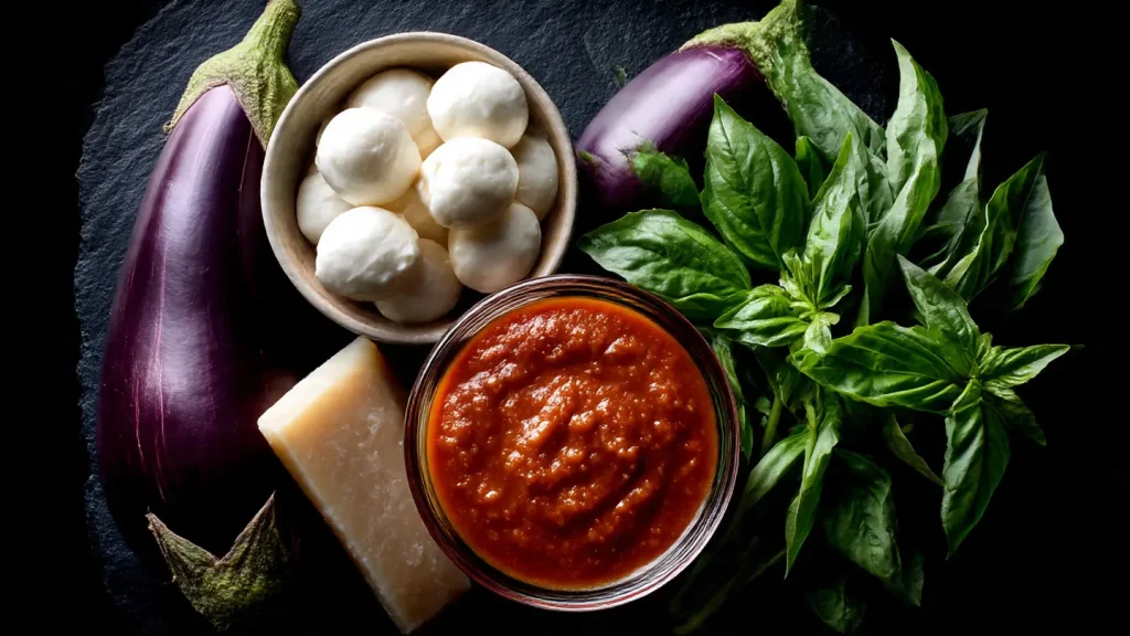 Ingredientes para la receta de parmesana de berenjenas, incluyendo berenjenas frescas, mozzarella y parmesano.