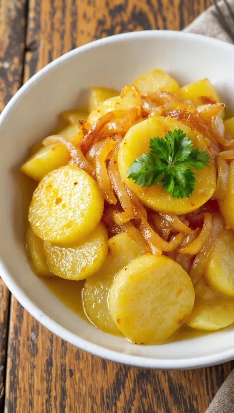 Plato de patatas panadera en freidora de aire tiernas y jugosas con cebolla y perejil.