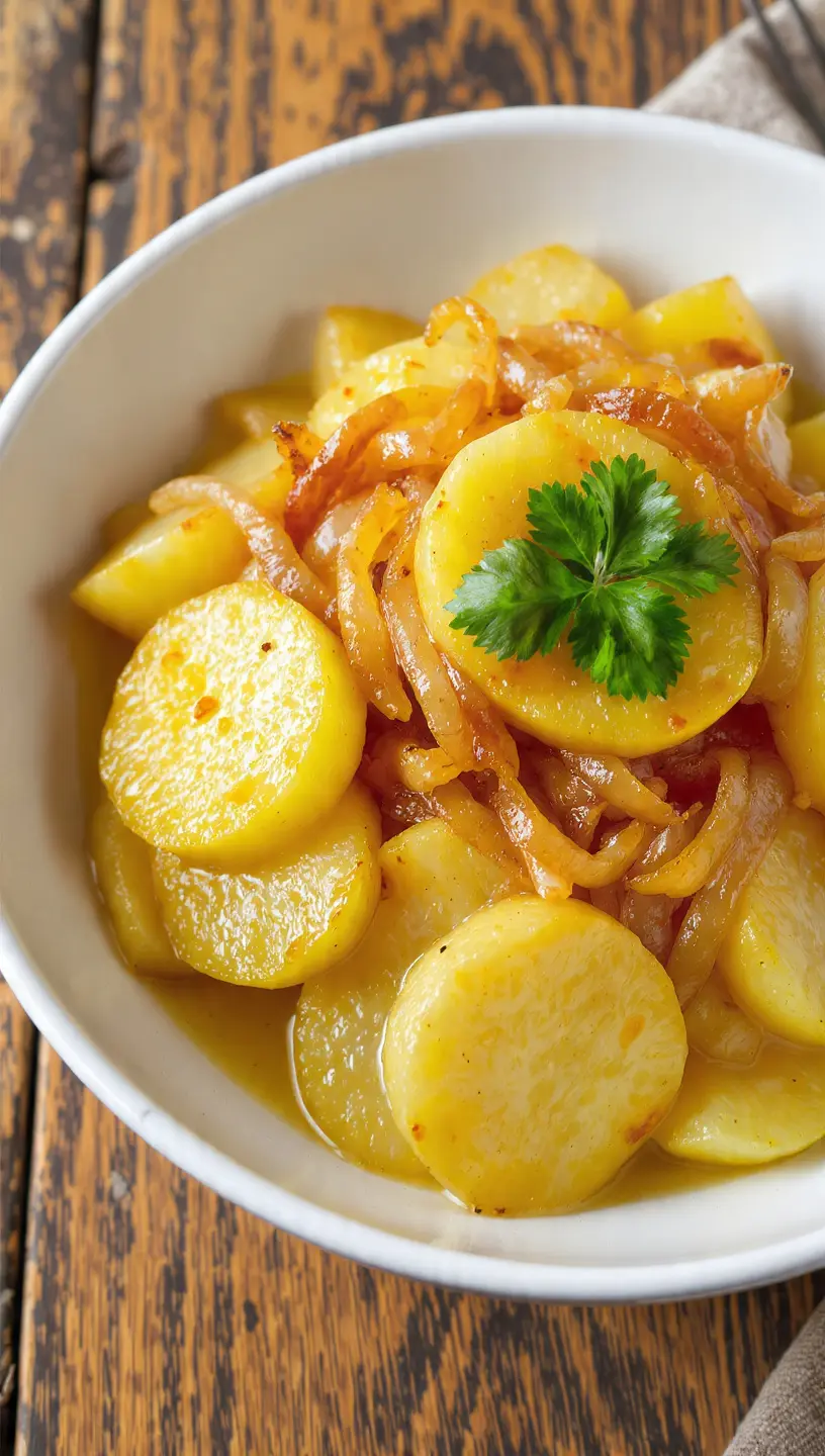 Plato de patatas panadera en freidora de aire tiernas y jugosas con cebolla y perejil.
