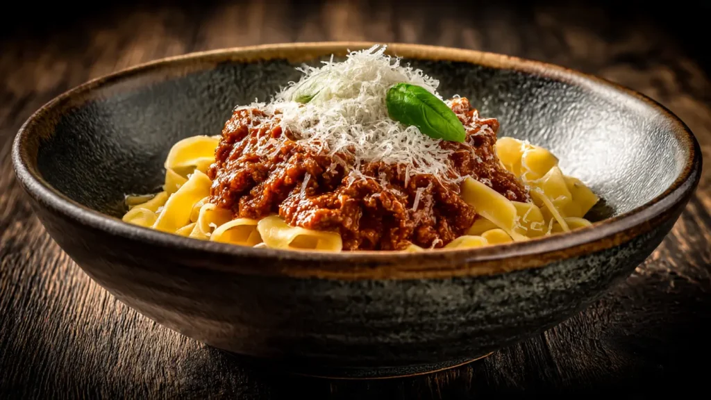 Plato de pasta tagliatelle con salsa boloñesa casera hecha en olla lenta y queso parmesano.