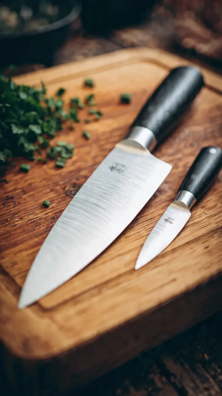 Detalle de un cuchillo de chef y una puntilla de calidad sobre una tabla de cortar de madera, utensilios básicos para preparar cualquier receta.
