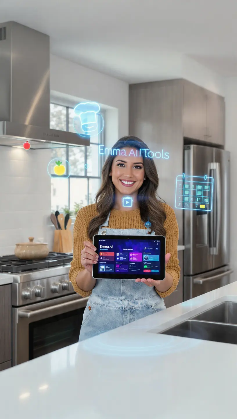 Mujer en la cocina usando las herramientas de cocina con inteligencia artificial de Emma en una tablet para planificar