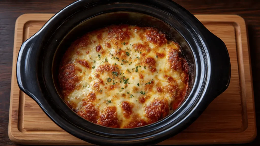 Vista cenital de las berenjenas a la parmesana recién hechas en la olla lenta.