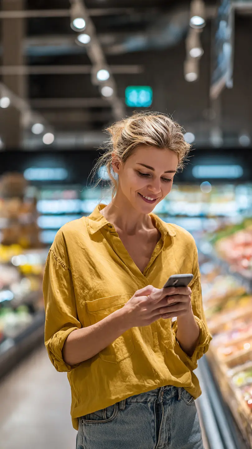 Mujer en el supermercado ahorrando tiempo usando el **generador de lista de la compra con inteligencia artificial** en su móvil.