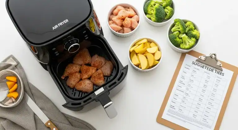 Guía de tiempos para freidora de aire con una tabla y alimentos crudos como pollo y patatas.
