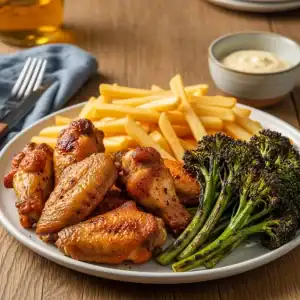 Bodegón fotográfico cenital con una freidora de aire, boles con ingredientes y una tabla de tiempos impresa.