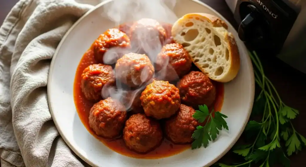 Plato de albóndigas en olla lenta servidas sobre arroz blanco, con salsa de tomate casera y perejil fresco.
