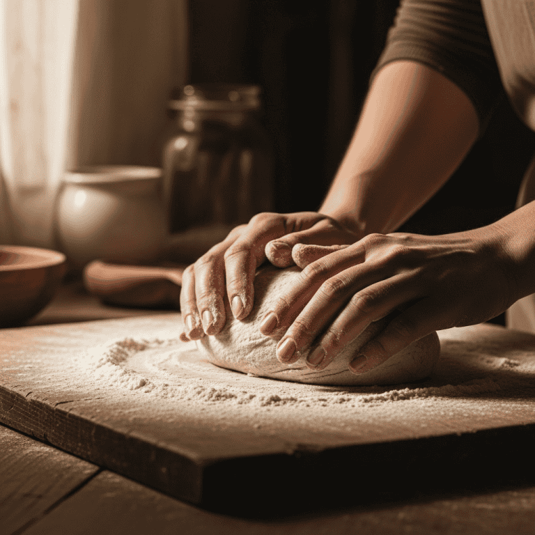Manos de artesano trabajando el pan en un obrador tradicional, mostrando la textura de la masa con harina. Artesanía alimentaria.