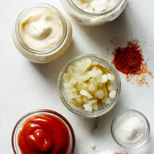 Ingredientes para la salsa Big Mac casera dispuestos en una superficie blanca: mayonesa, ketchup, mostaza, pepinillos picados y especias.