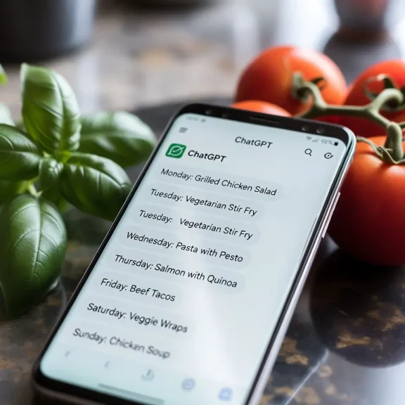 Resultado de un menú semanal generado por IA en la pantalla de un móvil junto a ingredientes frescos para cocinar.