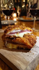 Primer plano de cachopo en freidora de aire crujiente con el queso fundido.