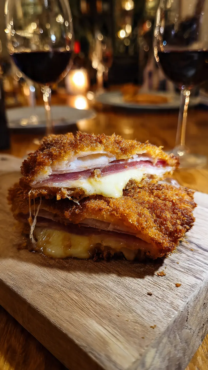 Primer plano de cachopo en freidora de aire crujiente con el queso fundido.
