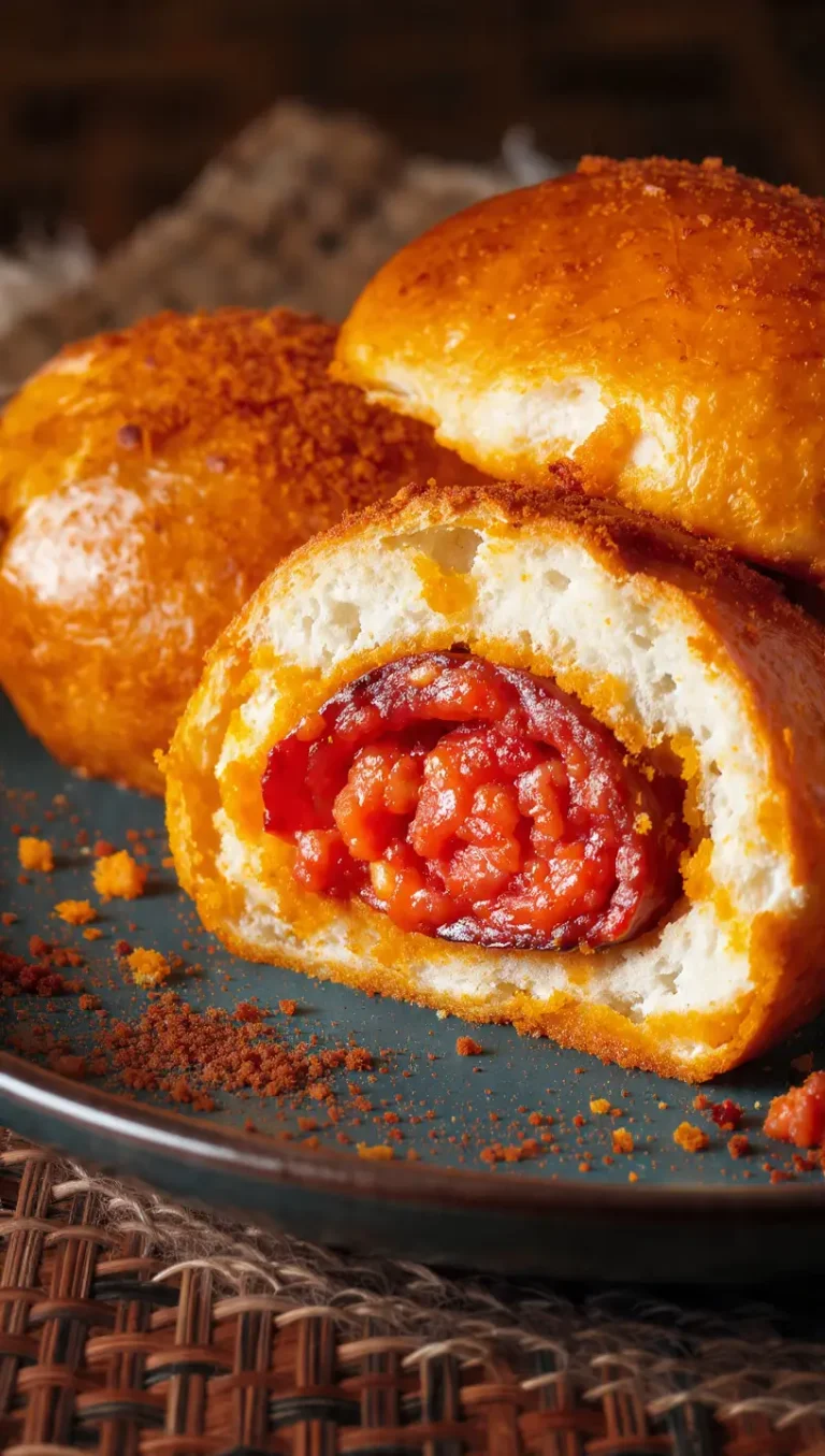 Primer plano de bollos preñaos en freidora de aire abiertos, mostrando el chorizo y la miga manchada de grasa roja.