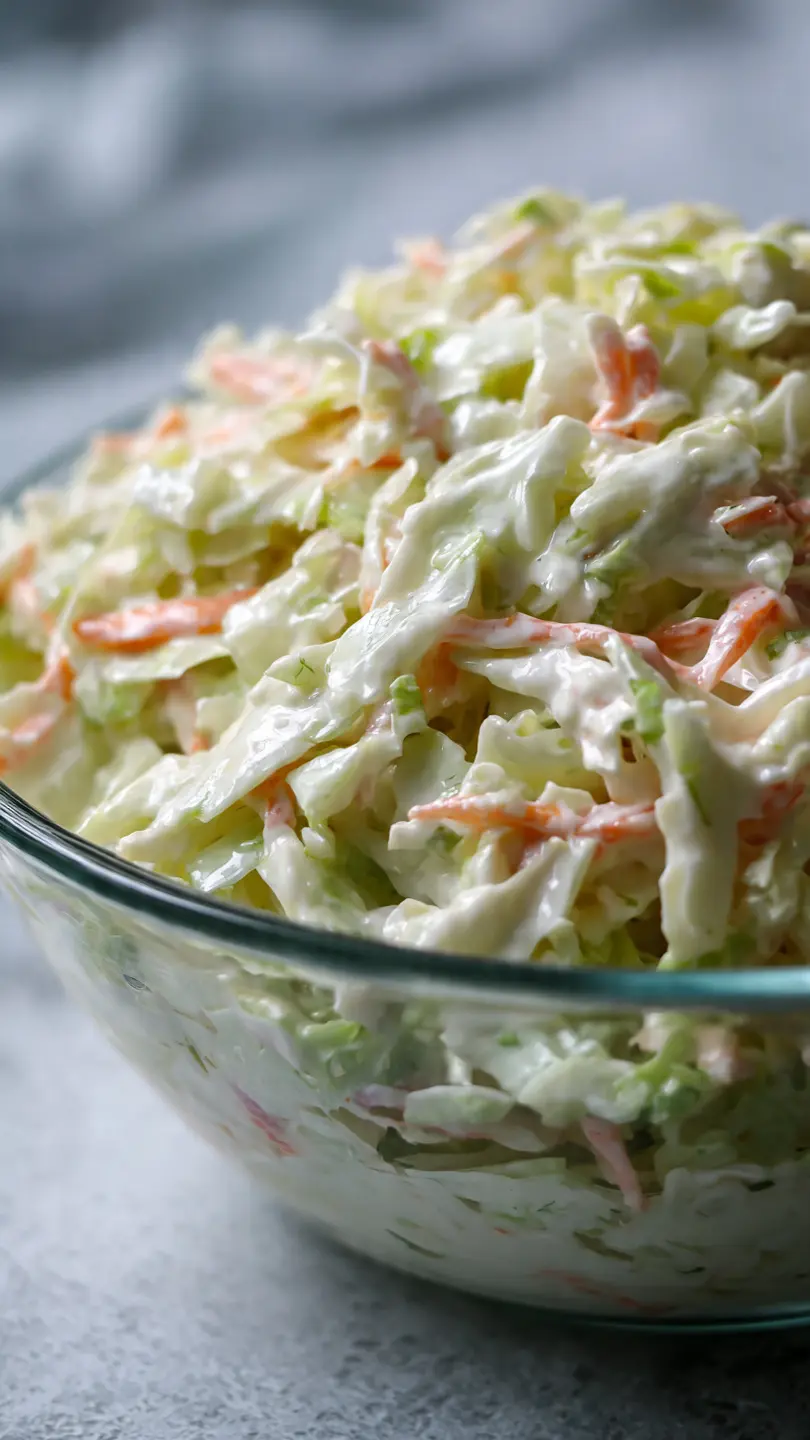 Bol de ensalada de col coleslaw cremosa y crujiente lista para servir.