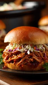 Sándwich de pulled pork en olla lenta jugoso con ensalada de col y salsa barbacoa.
