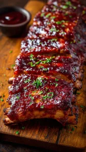 Costillar de costillas a la barbacoa en crockpot glaseadas y listas para comer.