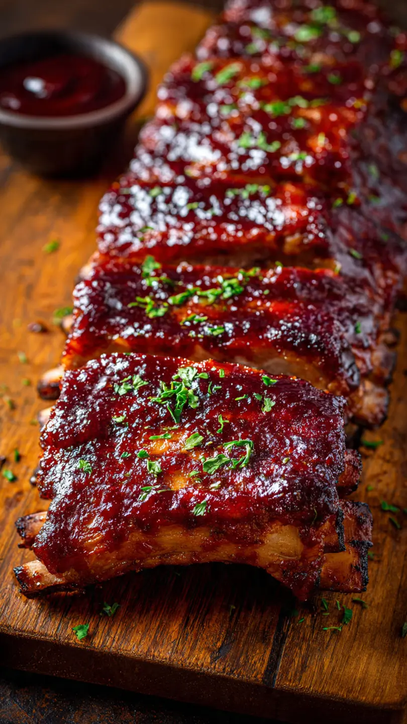 Costillar de costillas a la barbacoa en crockpot glaseadas y listas para comer.