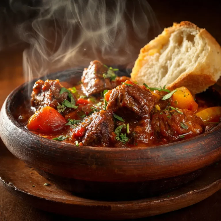 Plato de caldereta de cordero en olla lenta con salsa espesa y pan.