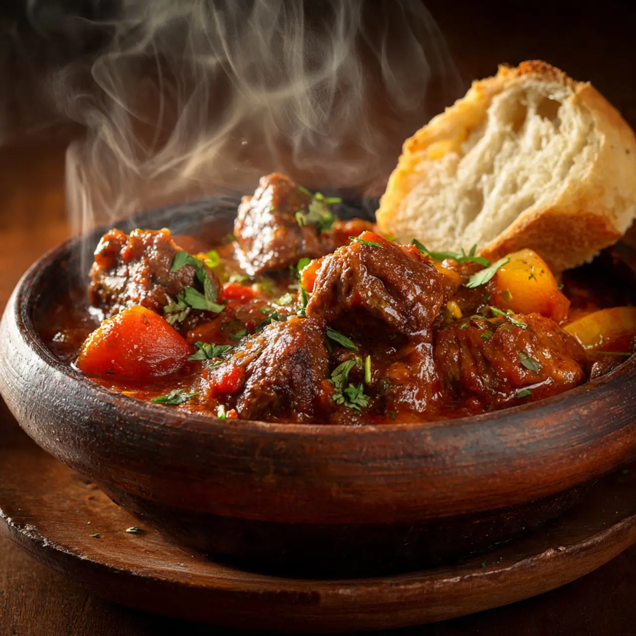 Plato de caldereta de cordero en olla lenta con salsa espesa y pan.