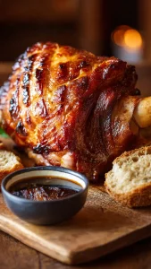 Codillo en olla lenta asado con piel crujiente servido con salsa de cerveza.