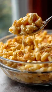 Plato de mac and cheese en freidora de aire cremosos con pan de ajo