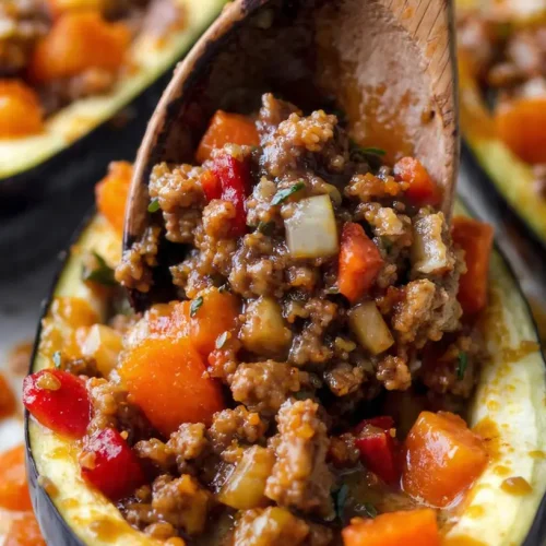 Rellenando las berenjenas con el sofrito de carne antes de cocinarlas en la olla lenta.