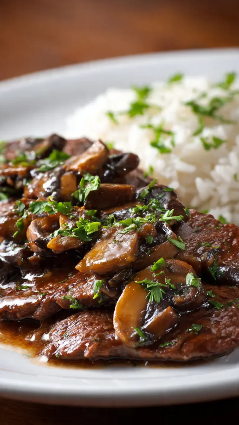 Plato de escalopines de ternera en crockpot con salsa de champiñones y arroz.