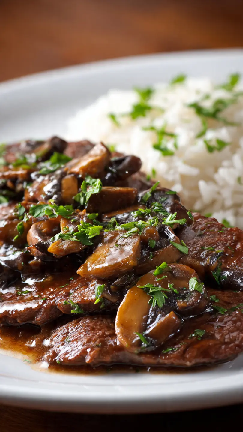 Plato de escalopines de ternera en crockpot con salsa de champiñones y arroz.