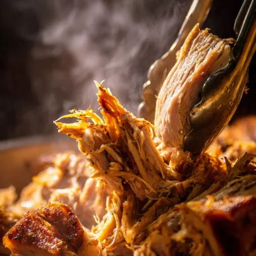 Desmechando la carne de cerdo tierna con garras de carne tras la cocción.